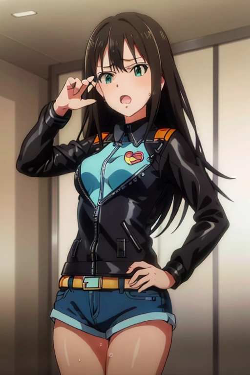 
masterpiece, best quality, ultra-detailed, kawaii, cute, lovely, extremely detailed, 4K, 8K, best quality, beautiful, anime style, laboratory, rin shibuya, latex bodysuit, beautiful eyes, frustrated,orgasm,(leather jacket,naughty expression,denim shorts),(villain pose,open mouth,sweaty,be breathless),[peace]