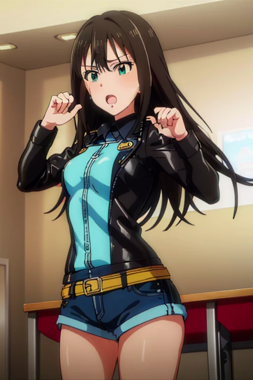 
masterpiece, best quality, ultra-detailed, kawaii, cute, lovely, extremely detailed, 4K, 8K, best quality, beautiful, anime style, laboratory, rin shibuya, latex bodysuit, beautiful eyes, frustrated,orgasm,(leather jacket,naughty expression,denim shorts),(villain pose,open mouth,sweaty,be breathless),[peace]