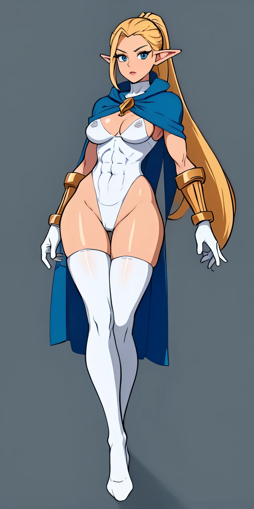 ((masterpiece, white background:1.2)) full body of a woman, standing feet together, extremely long hair, ponytail, perfect anatomy 1sologirl, tall slim thick ((muscular)) high elf toned body, silver breast plate, blue cape, slender abs, hourglass waist, detailed face, defined cheekbones, puffy lips, red gloves gauntlets, gold crown, shadow over eyes, looking at viewer view from below, white thigh highs lingerie