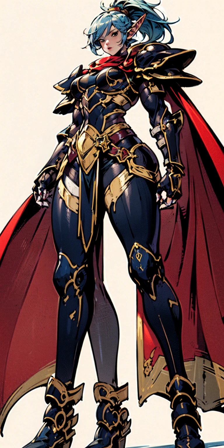 ((masterpiece, white background:1.2)) full body of a woman, standing feet together, extremely long hair, ponytail, perfect anatomy 1sologirl, tall slim thick ((muscular)) high elf toned body, silver breast plate, blue cape, slender abs, hourglass waist, detailed face, defined cheekbones, puffy lips, red gloves gauntlets, gold crown, shadow over eyes, looking at viewer view from below, white thigh highs lingerie