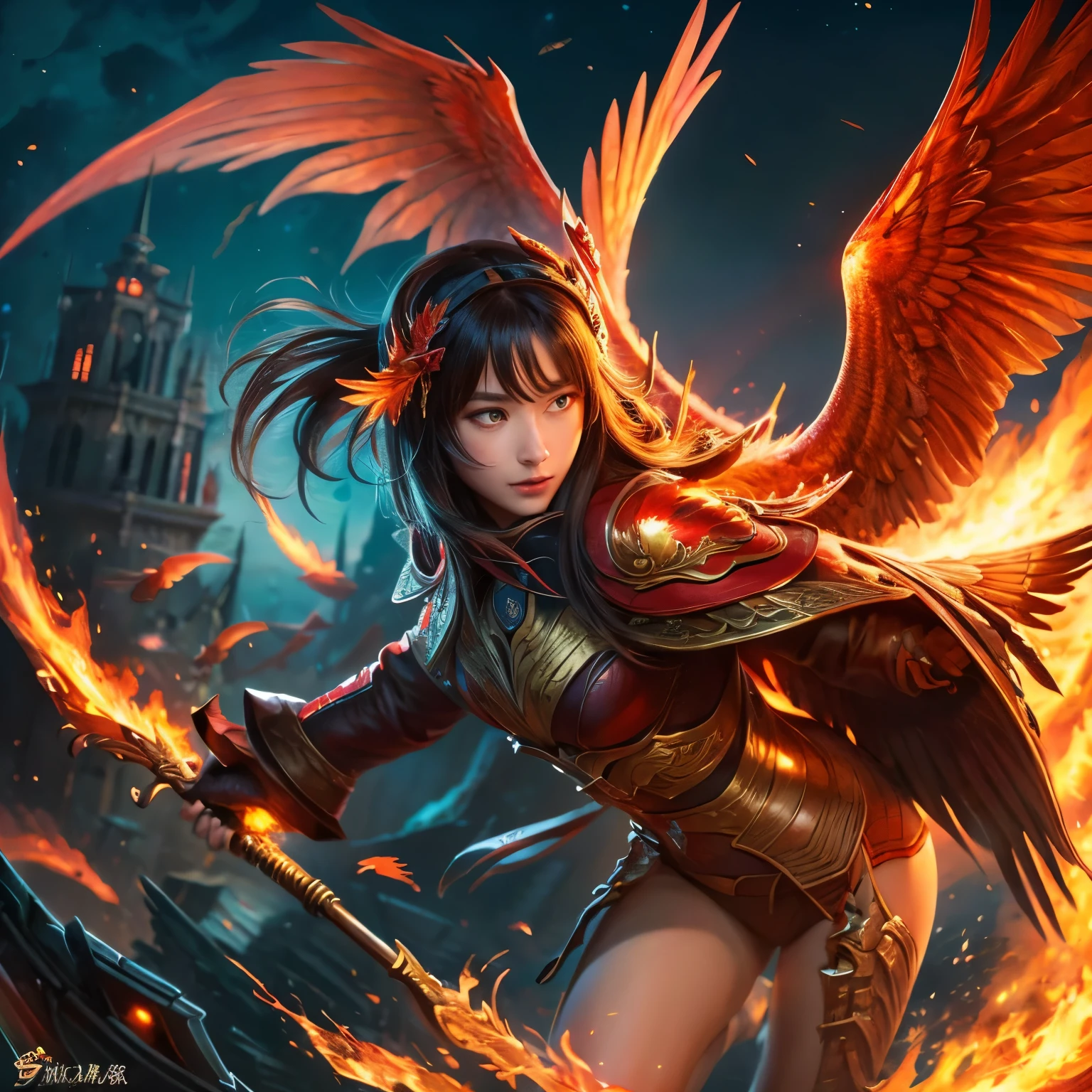 masterpiece、solo、Very detailed、Super detailed、超A high resolution、(highest quality)、masterpiece、solo、Very detailed、Super detailed、超A high resolution、(highest quality)、Red Phoenix、There is space in the background、Fly with spread wings。