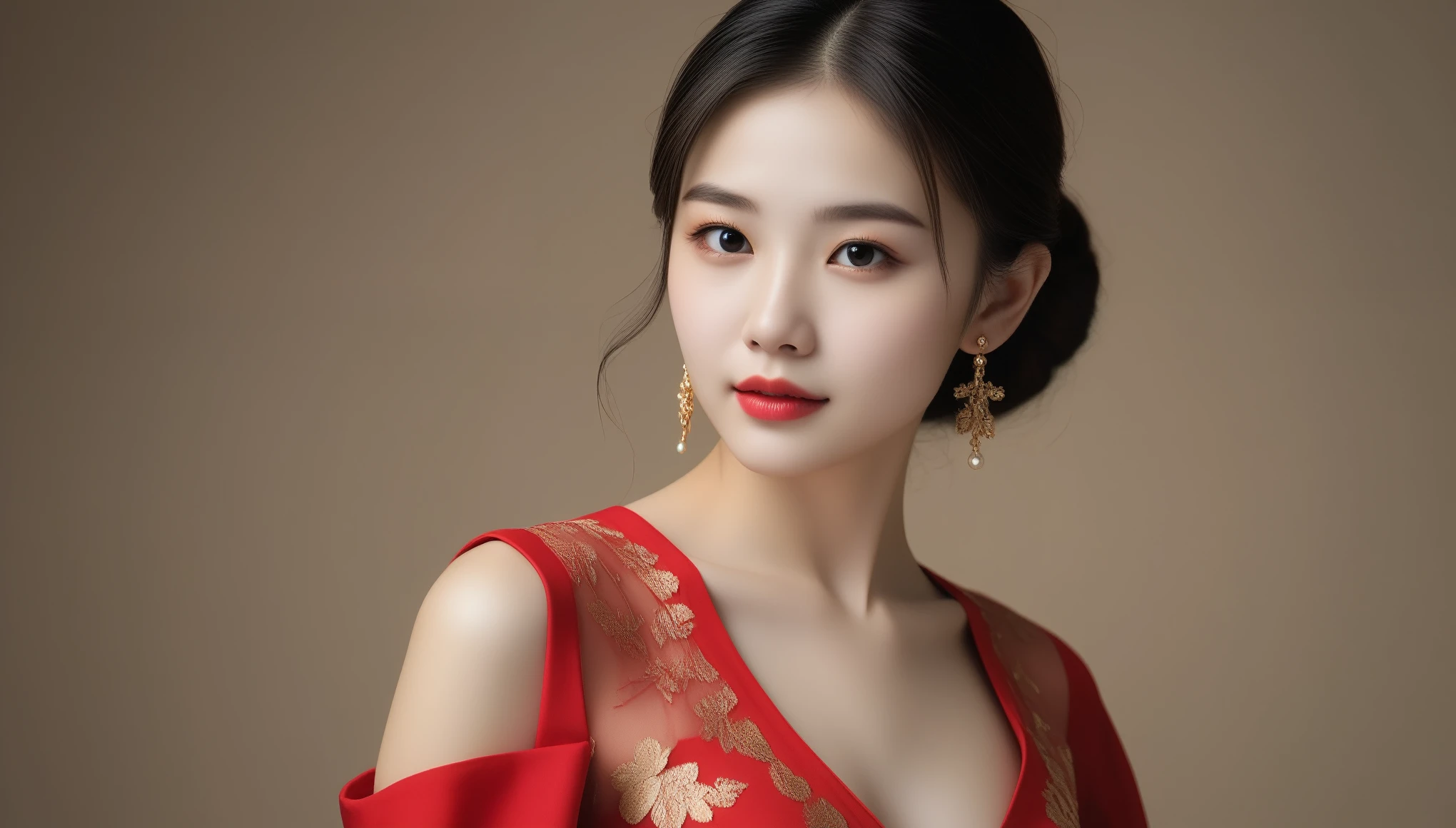 8k, Ultra-high resolution, highest quality, masterpiece, Surreal, photograph, 1 girl, (16 years old:1.3), pretty girl, Cute Face, Beautiful eyes in every detail, 細かくdetailedに,masterpiece,A woman in a red dress and gold jewelry is looking to the side,Sexy pose、See through 、Looking at the audience、beauty,Long neck、Laugh a little、Please close your mouth and laugh、(((Ideal body type))),A-cup small breasts :2,、Portraiture:2、Perfect Anatomy、鮮明なdetailed、detailed、Surreal、Light and shadow,Strong light,Fashion magazine cover,Thin lips