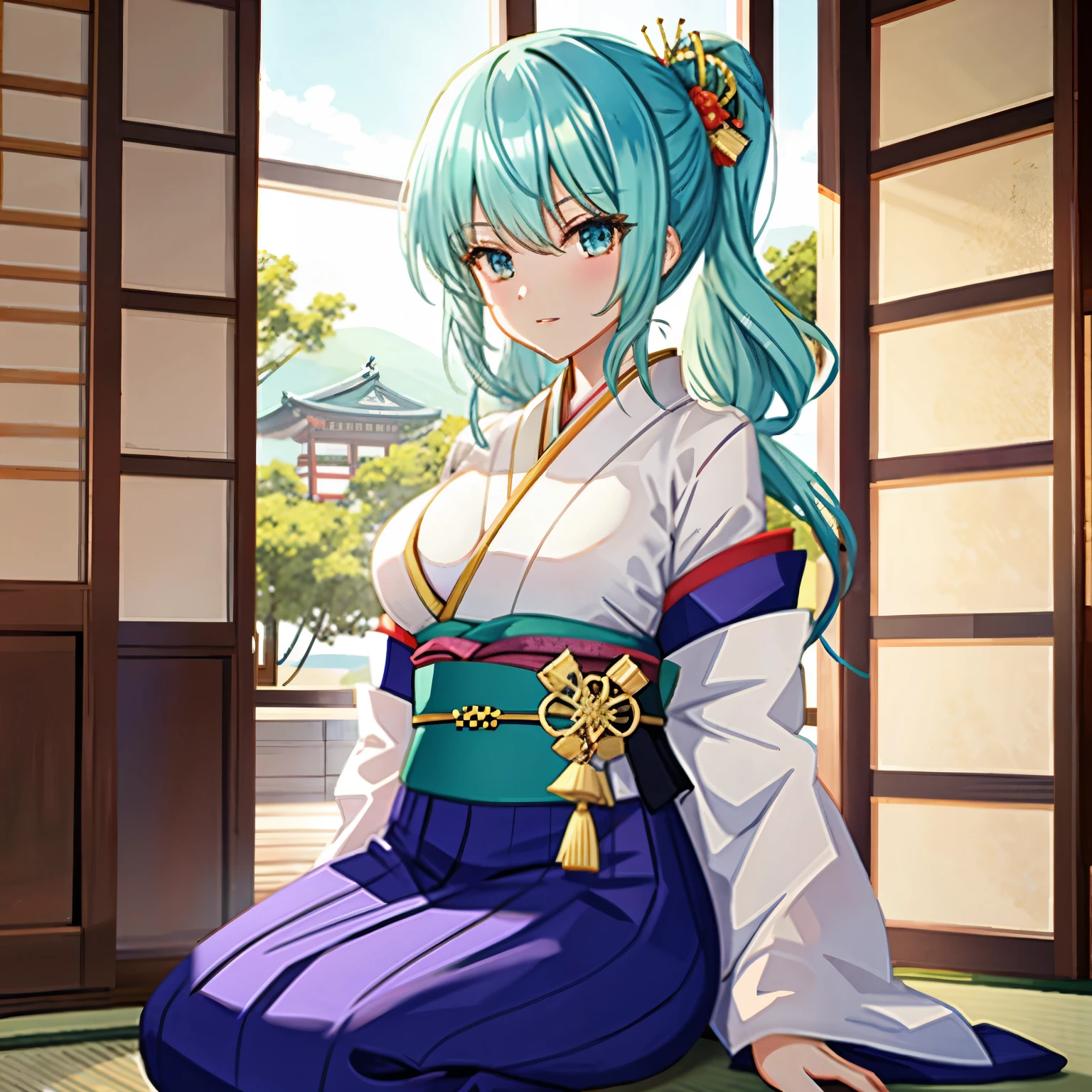 **Quality**: Attention to detail in the texture and lighting of the artwork.

BREAK

**Image Quality**: Detailed rendering of light and shadow to achieve realism within the anime style.

BREAK

**Resolution**: High resolution (HD, 4K, 8K, 16K), with color bit depth of 24 bits, 48 bits.

BREAK

**Theme**: The overall atmosphere is calm, potentially expressing relaxation or meditation.

BREAK

**Movement**: As the character's facial features are not visible, emotions and movements cannot be discerned.

BREAK

**Costume**: The character's costume is a yukata with blue and white stripes, and the obi is dark blue.

BREAK

**Background**: The background is dominated by warm tones, suggesting an indoor setting with wooden furniture or architecture.

BREAK

**Style**: Anime goddess, portrait of a girl from the Zodiac Knights, very detailed art gem, girl from the Zodiac Knights, enchanting anime girl, Keqing from Genshin Impact.

BREAK

**Hair Style and Color**: The hair color cannot be determined due to image quality, but the hairstyle is long and straight.

BREAK

**Color**: Gold, blue, green (main), light blue, yellow, silver, deep red.

BREAK

**Body Shape and Skin Color**: The visible skin tone is light, cleavage (between breasts), erection of nipple, hanging breasts, armpits, bare shoulders, breasts, caustics, collarbones, huge breasts, sagging breasts, moles, skin depressions, stomach, thighs, moist with smooth body structure, well-styled clothing, smooth skin texture on legs

BREAK

**Key Elements**: The main focus is on the character in their private indoor environment and their traditional attire.

BREAK

**Worldview**: The traditional Japanese attire and indoor setting suggest a context related to Japanese culture or an environment where traditional Japanese clothing is worn.

BREAK

**Perspective and Composition**: The composition presents the character seated at eye level from a frontal perspective, focusing on them within their immediate surroundings.

BREAK

*