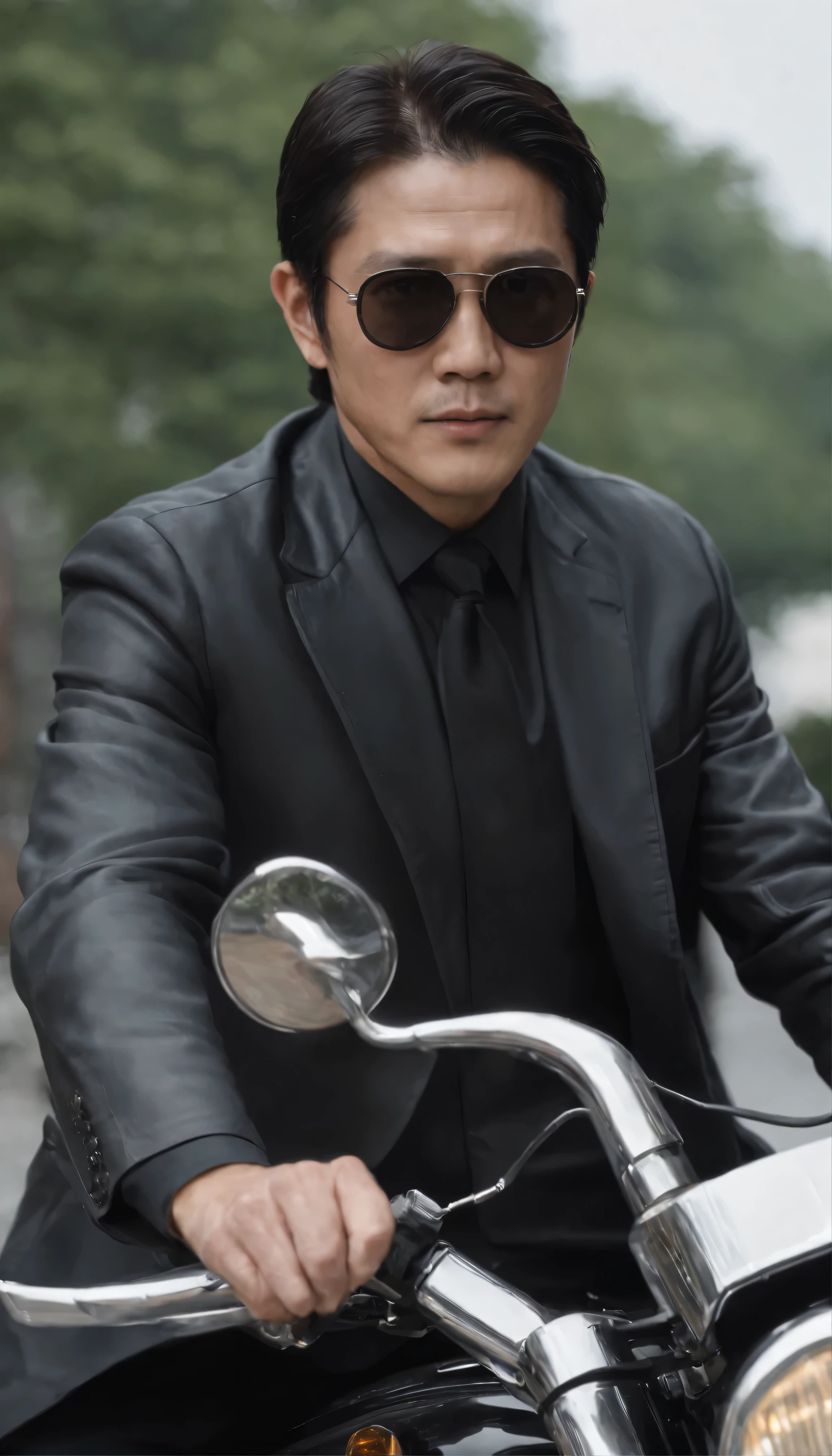 High-definition cinematic scenes that are different from gripping movies、『Black Rain』The fascinating actor、Yusaku Matsuda looks elegant in a black suit and sunglasses.。He is skillfully positioned on his Harley Davidson motorcycle.、Even while driving, he holds the gun tightly in both hands.。The footage is、born々exudes a new intensity and authenticity、It embodies the quality and realism that characterize exceptional cinema.。High-definition images that convey a sense of tension，Details of Yusaku Matsuda&#39;s face