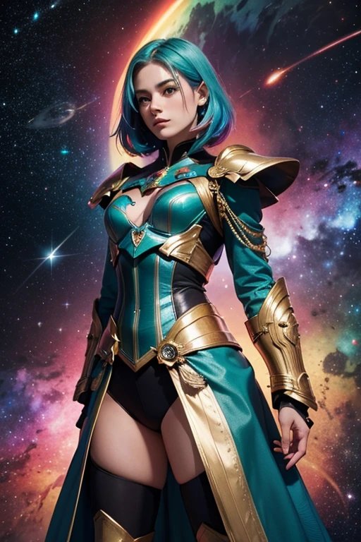 women with rainbow colored hair and teal detailed armor, standing, rainbow colorful cosmic nebula background, estrelas, galaxies, detalhes intrincados, rosto perfeito