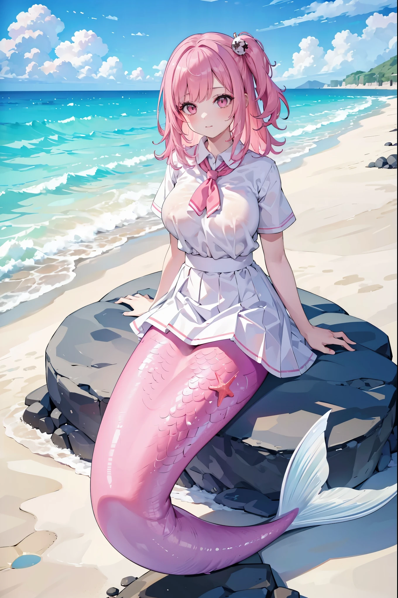 masterpiece, best quality,(Complete five fingers),A girl,Large Breasts,Pink Hair,Mermaid,honokamk,White school uniform,White skirt,粉红色Mermaid尾巴,full-body shot,Sitting,beach,Sea view