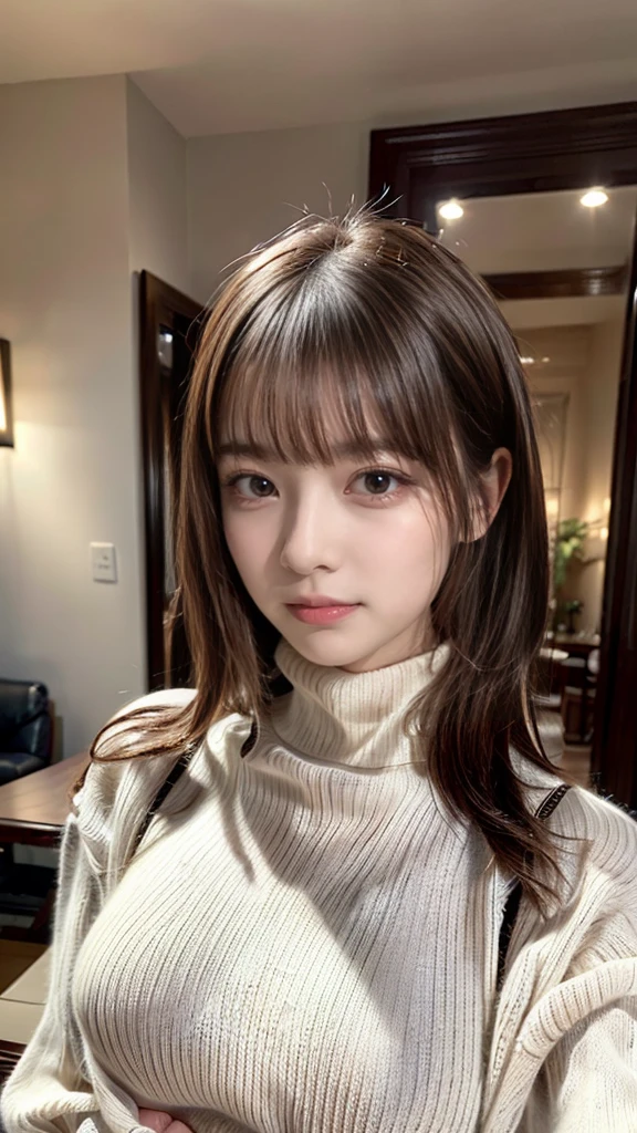 ((top-quality、8K、masterpiece:1.3))、1girl in、Beautiful woman Standing in the house:1.3、(brown long-haired、Colossal tits:1.4)、(white turtleneck sweater:1.5)、Super delicate face、Delicat eyes、double eyelid、Close-up of upper body from below