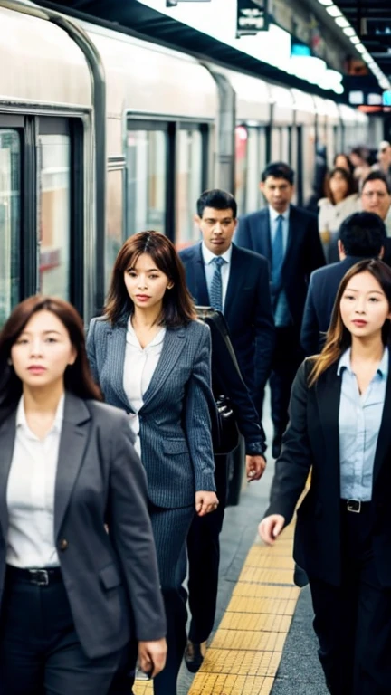 Crowded trains、Businessmen and career women walking busily、Urban streets。