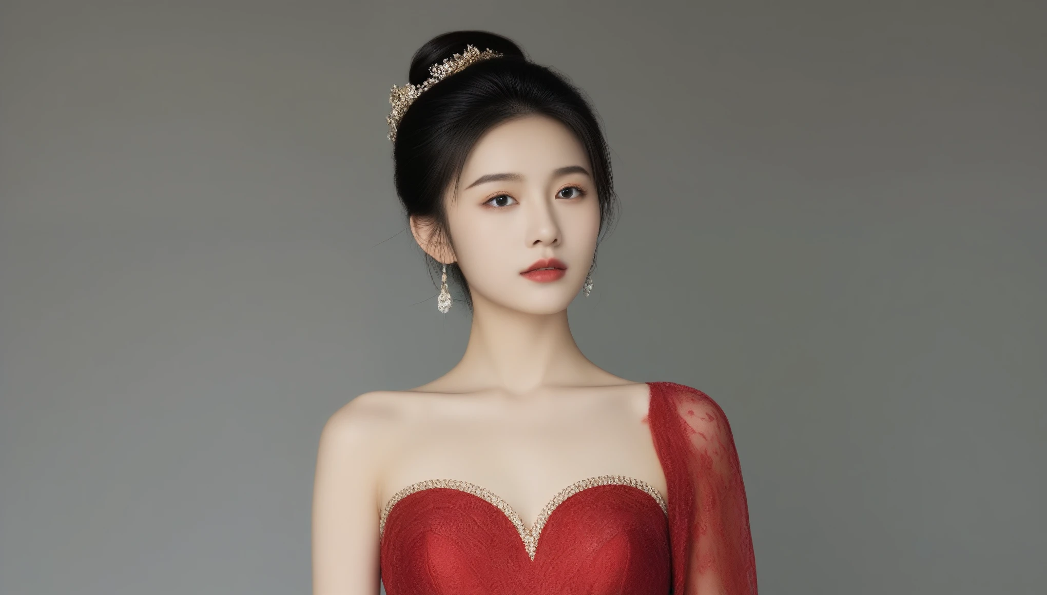 8k, Ultra-high resolution, highest quality, masterpiece, Surreal, photograph, 1 girl, (16 years old:1.3), pretty girl, Cute Face, Beautiful eyes in every detail, 細かくdetailedに,masterpiece,A woman in a red dress and gold jewelry is looking to the side,Sexy pose、See through 、Looking at the audience、beauty,Long neck、Laugh a little、Please close your mouth and laugh、(((Ideal body type))),A-cup small breasts :2,、Portraiture:2、Perfect Anatomy、鮮明なdetailed、detailed、Surreal、Light and shadow,Strong light,Fashion magazine cover,Thin lips