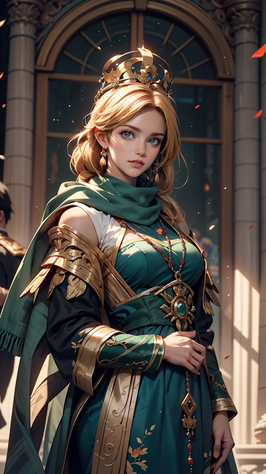 A woman in a blue dress with a long green scarf, Beautiful character drawings, Beautiful Fantasy Empress, by ヤン・J, style of ArtJam, ArtJam and ruan jia, extremely detailed ArtJam, trending ArtJam, ArtJam. Anime illustration, ruan jia and ArtJam, Inspired by Fuhua, ArtJam detailed