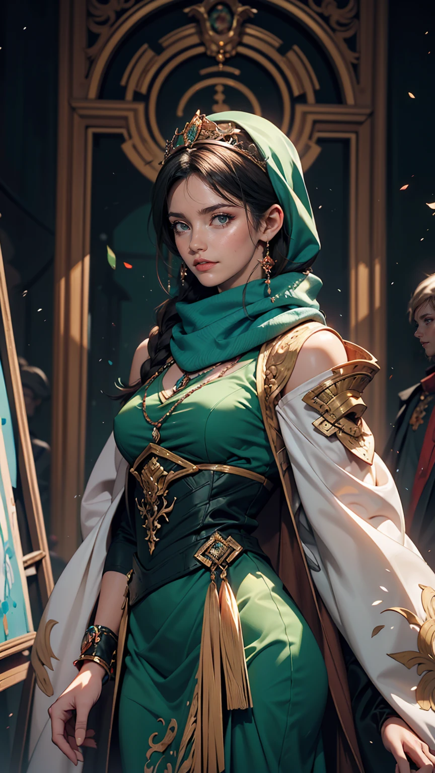 A woman in a blue dress with a long green scarf, Beautiful character drawings, Beautiful Fantasy Empress, by ヤン・J, style of ArtJam, ArtJam and ruan jia, extremely detailed ArtJam, trending ArtJam, ArtJam. Anime illustration, ruan jia and ArtJam, Inspired by Fuhua, ArtJam detailed