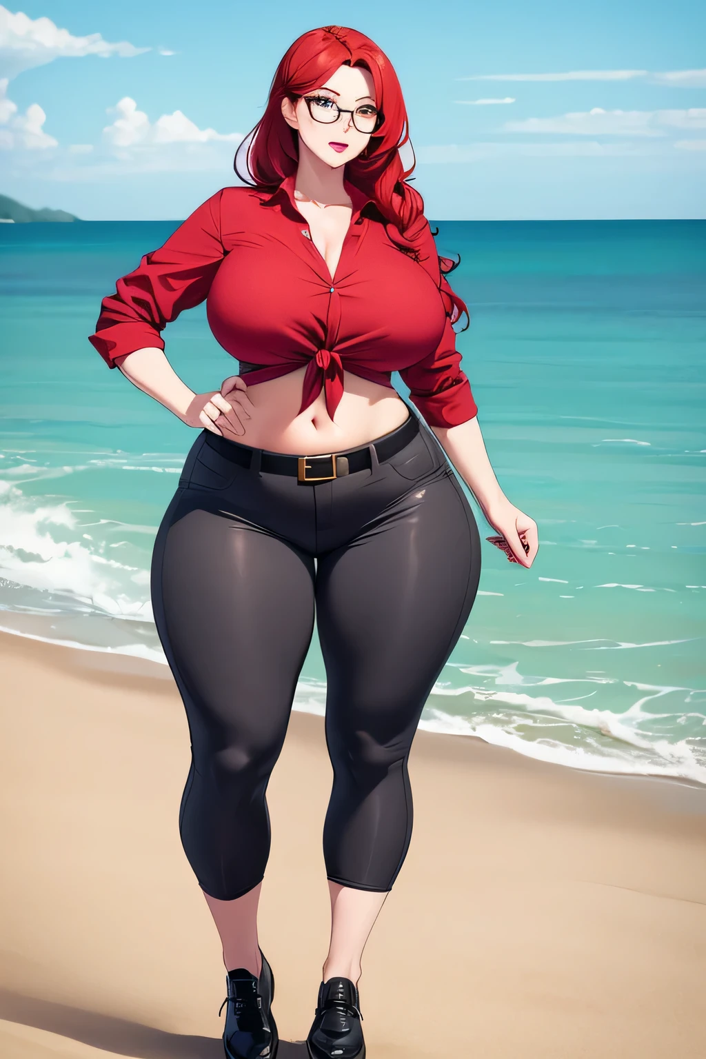  A tall woman, big, sexy, cool, waves, tenderness, cute, strength, big chest, long, wavy, bright red hair, her light red eye, medium eyelash, black, pink lip, she wears a red button-down top, tied knot, shows navel, and her light gray pants, wearing a brown belt, black shoe, wearing yellow glasses. 