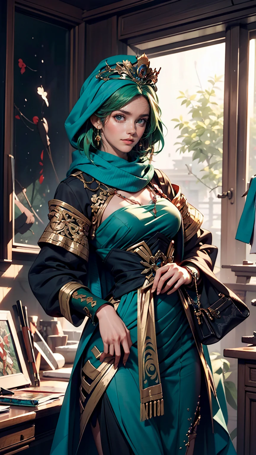 A woman in a blue dress with a long green scarf, Beautiful character drawings, Beautiful Fantasy Empress, by ヤン・J, style of ArtJam, ArtJam and ruan jia, extremely detailed ArtJam, trending ArtJam, ArtJam. Anime illustration, ruan jia and ArtJam, Inspired by Fuhua, ArtJam detailed