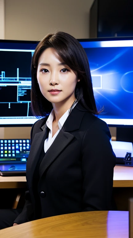 A woman in a black jacket is sitting at a desk with a computer and a monitor, deayami kojima, Woman in a business suit, Lee Ji-eun, Lee Ji-eun, Shin Min-jung, Kim Hyun-joo, Ayamin to whom, Yoshitomo Nara, from me, Medium portrait, Professional image, In front of the computer, Fan art