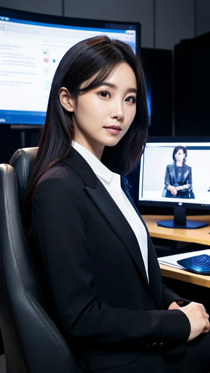 A woman in a black jacket is sitting at a desk with a computer and a monitor, deayami kojima, Woman in a business suit, Lee Ji-eun, Lee Ji-eun, Shin Min-jung, Kim Hyun-joo, Ayamin to whom, Yoshitomo Nara, from me, Medium portrait, Professional image, In front of the computer, Fan art