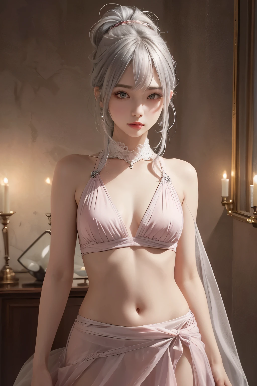 longeyelashes, small Eyes,Ponytail, pink Silver hair, gray colored contact lenses, surrealism, anaglyph, stereograms, POV, Atmospheric perspective, 16K, Super Detail, ccurate, Best Quality,The shoulders have exposed skin,Very thin,Very small bust, Very thin waist,No makeup,No eyeliner around the eyes,Beautiful girl without makeup,Small nipples,The belly button and the surrounding area are exposed,Small, narrow eyes,Small, cute, narrow eyes,Highly realistic beautiful girl portrait,
