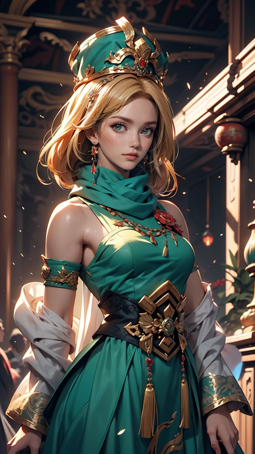 A woman in a blue dress with a long green scarf, Beautiful character drawings, Beautiful Fantasy Empress, by ヤン・J, style of ArtJam, ArtJam and ruan jia, extremely detailed ArtJam, trending ArtJam, ArtJam. Anime illustration, ruan jia and ArtJam, Inspired by Fuhua, ArtJam detailed