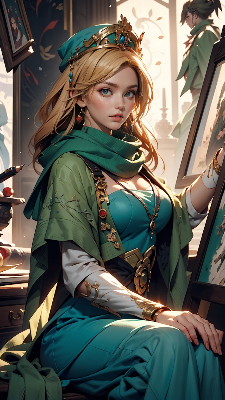 A woman in a blue dress with a long green scarf, Beautiful character drawings, Beautiful Fantasy Empress, by ヤン・J, style of ArtJam, ArtJam and ruan jia, extremely detailed ArtJam, trending ArtJam, ArtJam. Anime illustration, ruan jia and ArtJam, Inspired by Fuhua, ArtJam detailed
