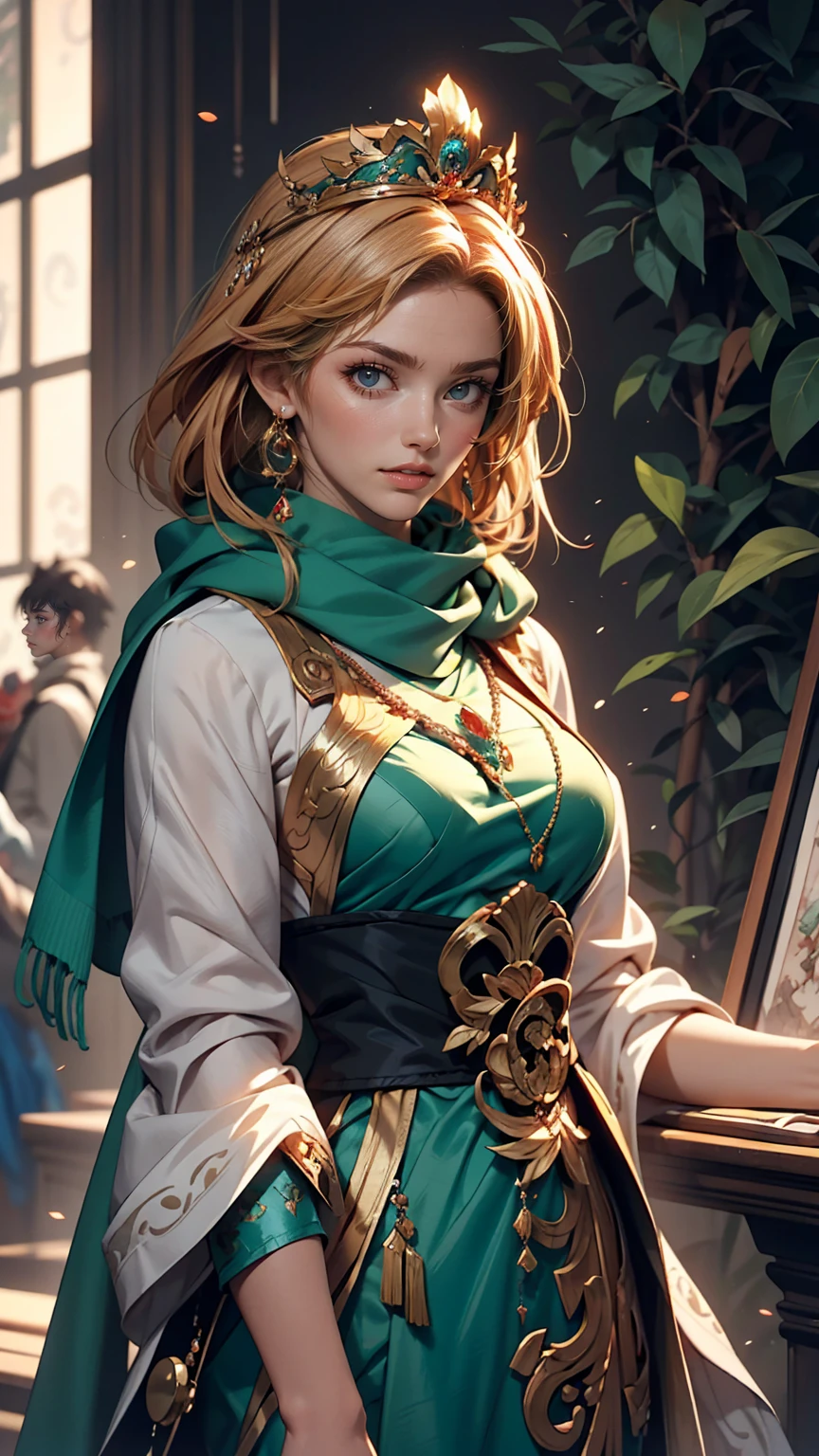 A woman in a blue dress with a long green scarf, Beautiful character drawings, Beautiful Fantasy Empress, by ヤン・J, style of ArtJam, ArtJam and ruan jia, extremely detailed ArtJam, trending ArtJam, ArtJam. Anime illustration, ruan jia and ArtJam, Inspired by Fuhua, ArtJam detailed