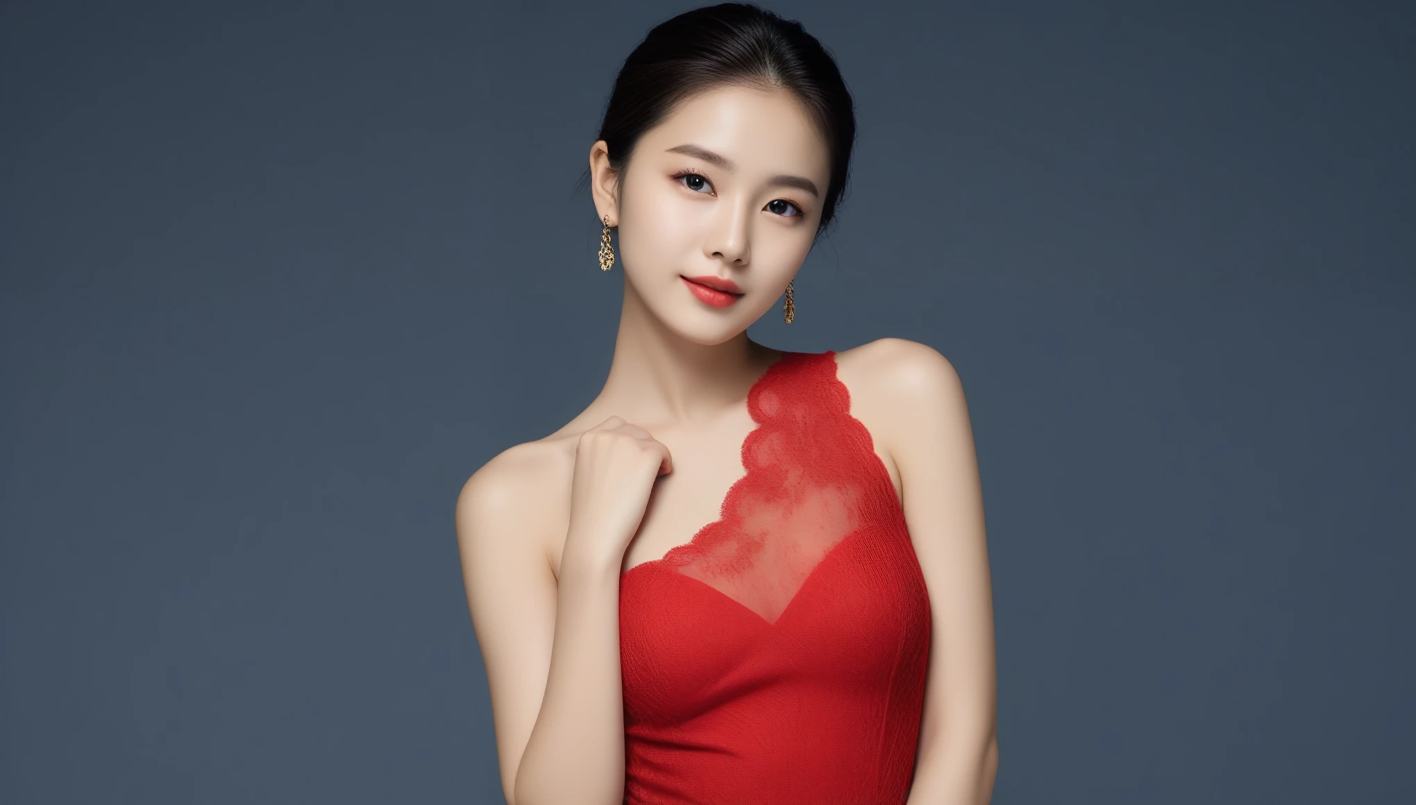 8k, Ultra-high resolution, highest quality, masterpiece, Surreal, photograph, 1 girl, (:1.3), pretty girl, Cute Face, Beautiful eyes in every detail, 細かくdetailedに,masterpiece,A woman in a red dress and gold jewelry is looking to the side,Sexy pose、See through 、Looking at the audience、beauty,Long neck、Laugh a little、Please close your mouth and laugh、(((Ideal body type))),A-cup small breasts :2,、Portraiture:2、Perfect Anatomy、鮮明なdetailed、detailed、Surreal、Light and shadow,Strong light,Fashion magazine cover,Thin lips