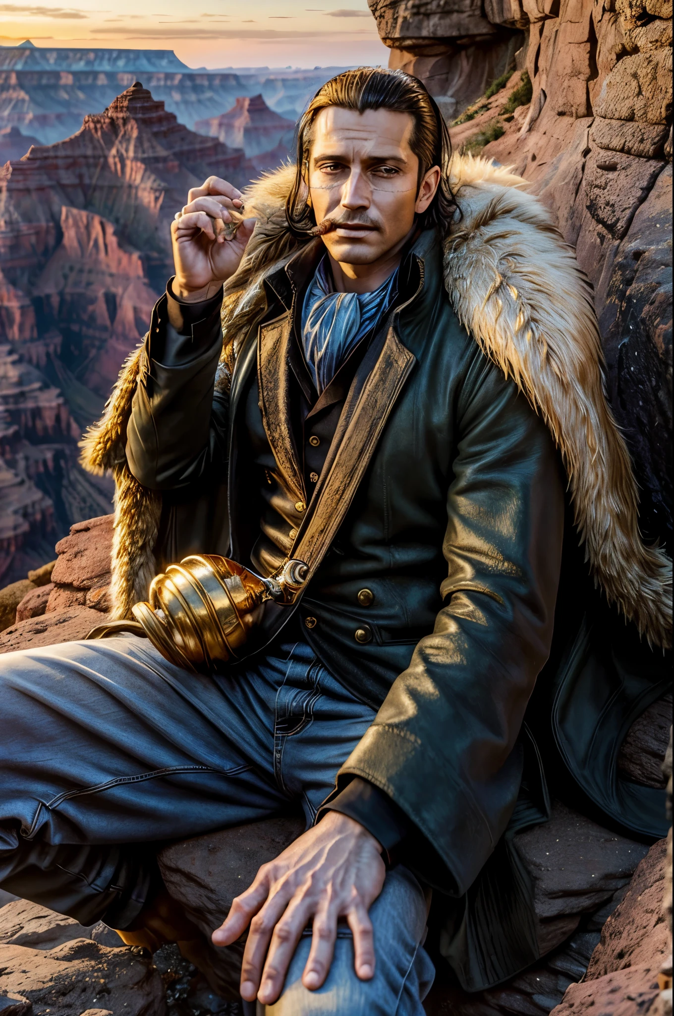 masterpiece, best quality, extremely detailed, hyperrealistic, photorealistic, a cool 40s man, ultra detailed face:1.2, fur-trimmed coat, scarf around the neck, his left hand is a golden pirate hook, cigar, sitting on the edge of a cliff, her feet in the air, grand canyon, united states, gold at sunset:1.1
 