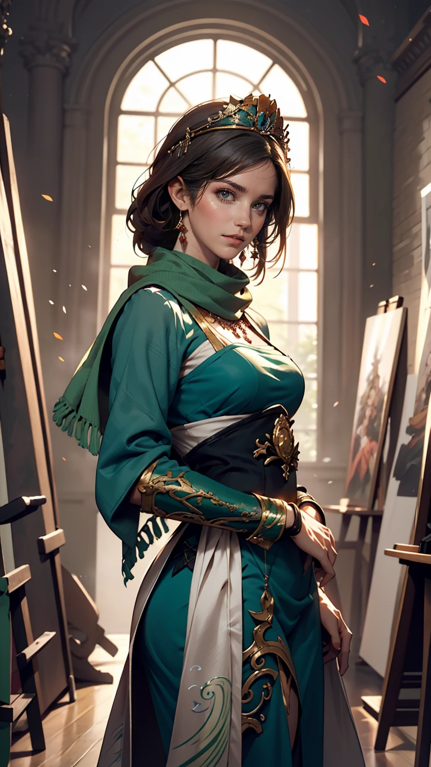 A woman in a blue dress with a long green scarf, Beautiful character drawings, Beautiful Fantasy Empress, by ヤン・J, style of ArtJam, ArtJam and ruan jia, extremely detailed ArtJam, trending ArtJam, ArtJam. Anime illustration, ruan jia and ArtJam, Inspired by Fuhua, ArtJam detailed