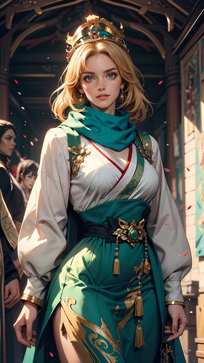 A woman in a blue dress with a long green scarf, Beautiful character drawings, Beautiful Fantasy Empress, by ヤン・J, style of ArtJam, ArtJam and ruan jia, extremely detailed ArtJam, trending ArtJam, ArtJam. Anime illustration, ruan jia and ArtJam, Inspired by Fuhua, ArtJam detailed