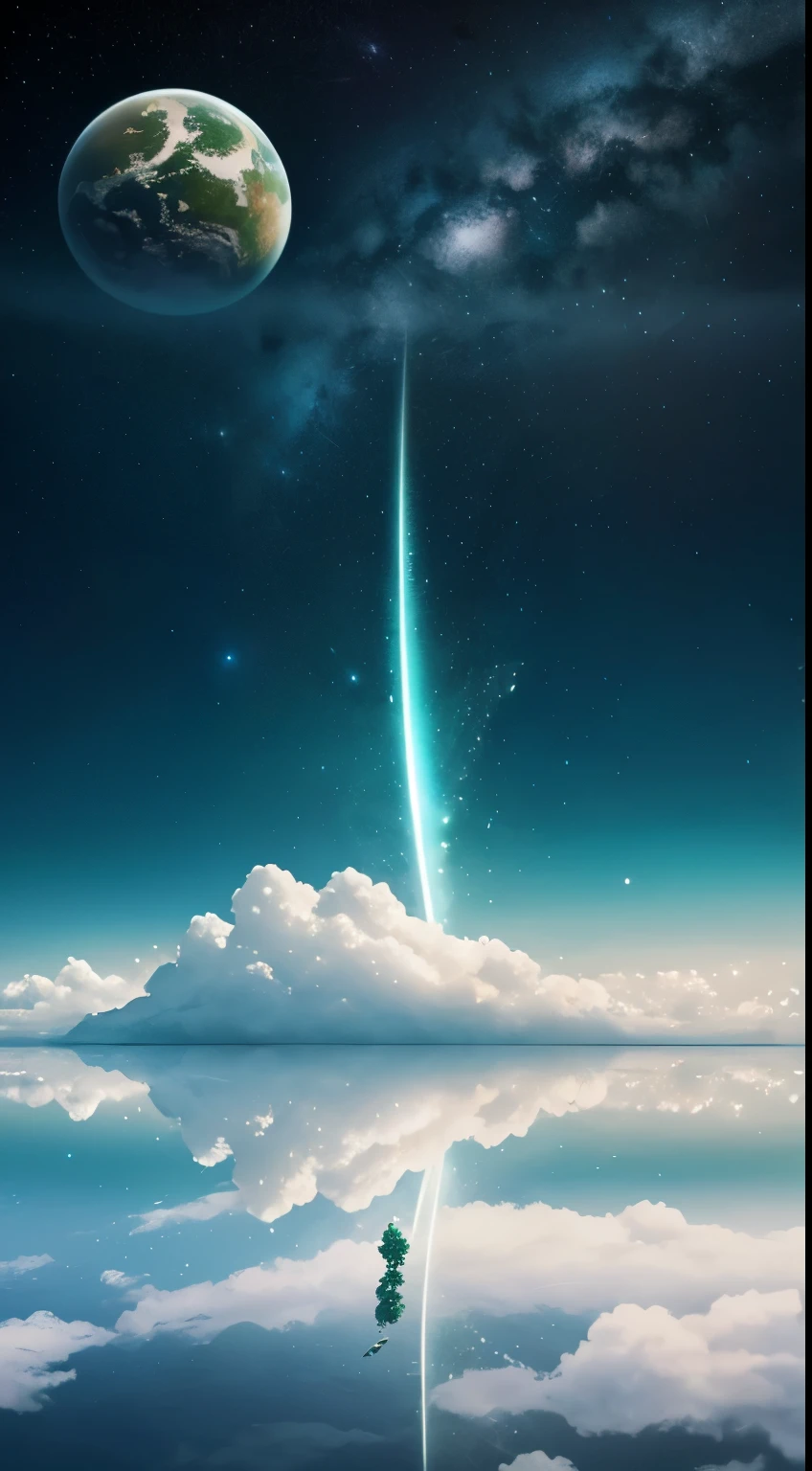 green白色调,Nice views,Beautiful white building,Pure white fantasy scene,((Super spectacular)),(Different levels of transformation crystallization, crystallization,Great quality,masterpiece,Ultra sophisticated,Attention to detail,It was foggy,美丽的Sky Sky与恒星和行星,宇宙Sky Sky的风格场景, Sky Sky, Heavenly planets in the background,background art,green,Glowing White Particles,Golden,Mirror Sea,White beach,White bird magnificent magnificent landscape,Detailed Clouds,Sacred
