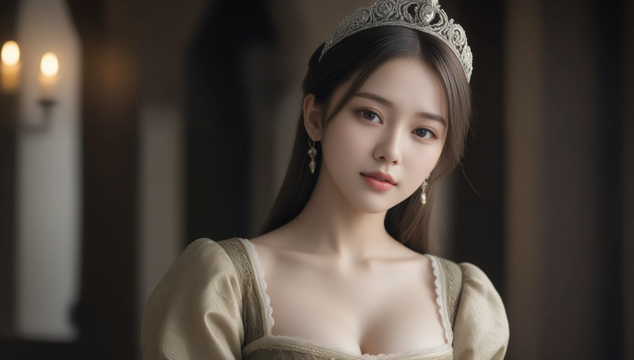 8k, Ultra-high resolution, highest quality, masterpiece, Surreal, photograph, 1 girl, (16 years old:1.3), pretty girl, Cute Face, Beautiful eyes in every detail, 細かくdetailedに,masterpiece,A woman in a medieval dress looks at the camera,Sexy pose、See through 、Looking at the audience、beauty,Long neck、Laugh a little、Please close your mouth and laugh、(((Ideal body type))),A-cup small breasts :2,、Portraiture:2、Perfect Anatomy、鮮明なdetailed、detailed、Surreal、Light and shadow,Strong light,Fashion magazine cover,Thin lips
