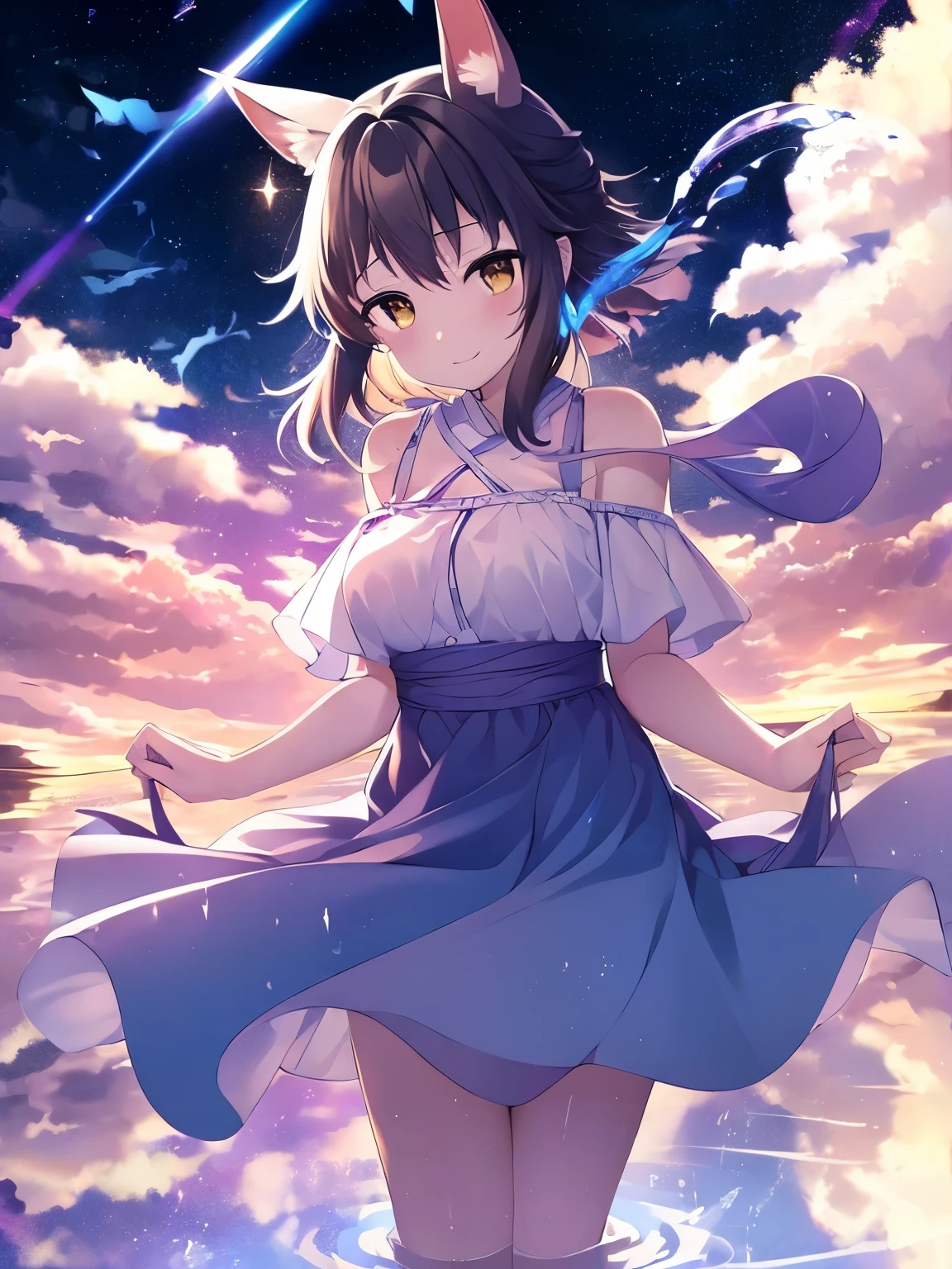 unrealistic、A star-shaped stage floats in the sky、universe、Milky Way、
