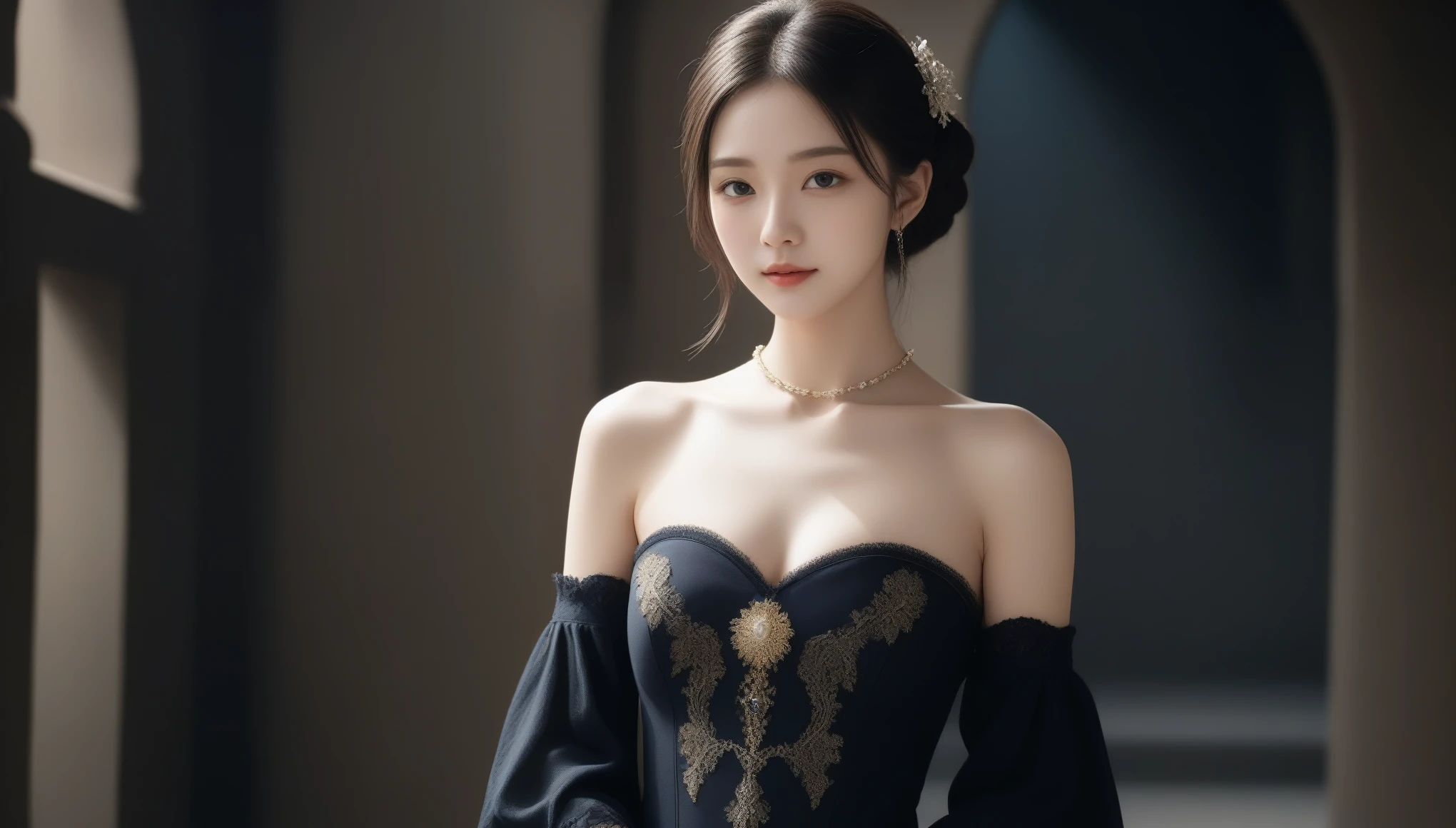 8k, Ultra-high resolution, highest quality, masterpiece, Surreal, photograph, 1 girl, (:1.3), pretty girl, Cute Face, Beautiful eyes in every detail, 細かくdetailedに,masterpiece,A woman in a medieval dress looks at the camera,Sexy pose、See through 、Looking at the audience、beauty,Long neck、Laugh a little、Please close your mouth and laugh、(((Ideal body type))),A-cup small breasts :2,、Portraiture:2、Perfect Anatomy、鮮明なdetailed、detailed、Surreal、Light and shadow,Strong light,Fashion magazine cover,Thin lips