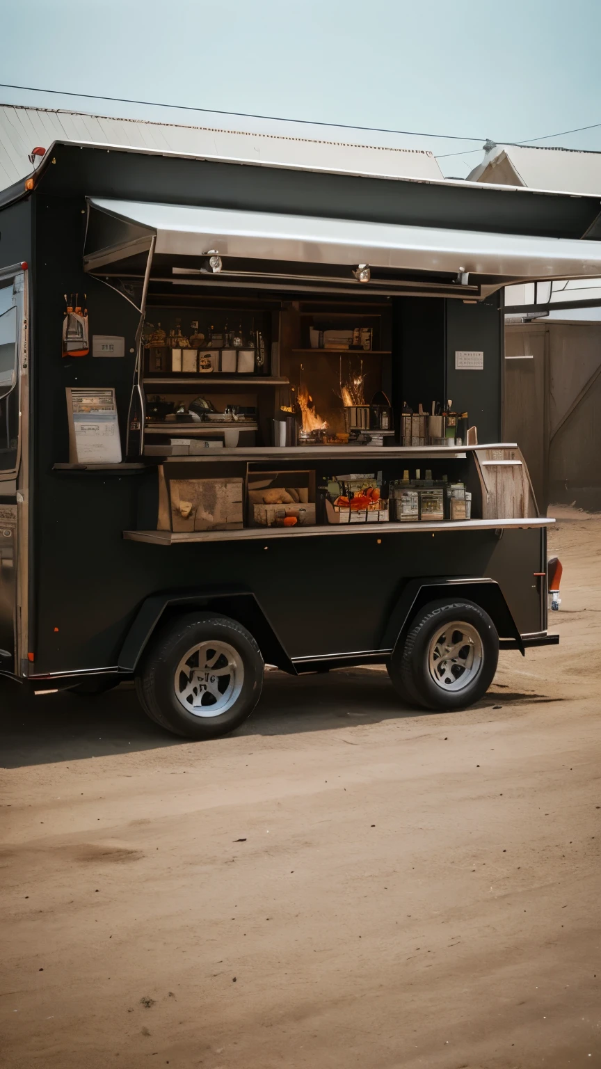 food truck trailer, with a custom badass design, a skull logo, with BBQ items, fire, knives, a grill, flames, chef hat on the skull, clawmarks tearing through paint, COD style, ultra 4k, hyper realism, anistrophic filtering, extreme detail, highres,