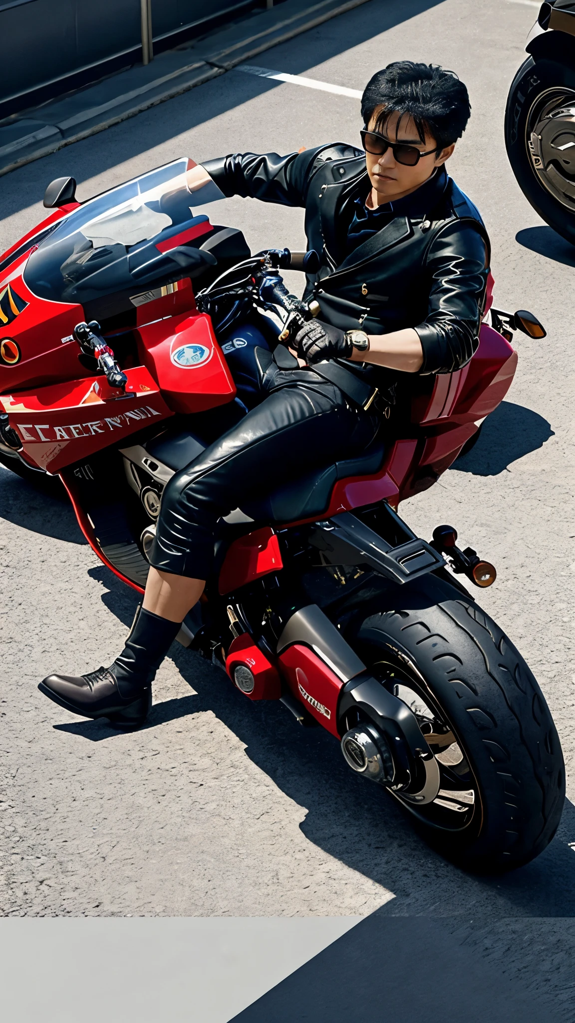 A high-definition cinematic scene, a distinct moment from a gripping movie, features Yusaku Matsuda, the captivating actor from Black Rain, elegantly attired in a black suit and sunglasses. He is masterfully poised atop a motorcycle, one hand gripping the handlebars, while the other firmly holds a gun. The image exudes a sense of raw intensity and authenticity, embodying the high quality and realism characteristic of extraordinary movie productions.