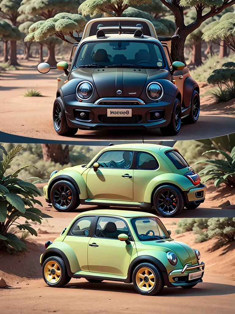 Nice coffee cart,inspired by:【Nissan Sunny b14 Lucino Vehicle】with the【Mini beetle】with the【Fiat 500】,Fancy green high detail,32K Ultra Hi-Vision,Industrial Design Product Design Futuristic Design,Running through the forest,A hyper-realistic,Extremely detailed details,Lateral face,Side view