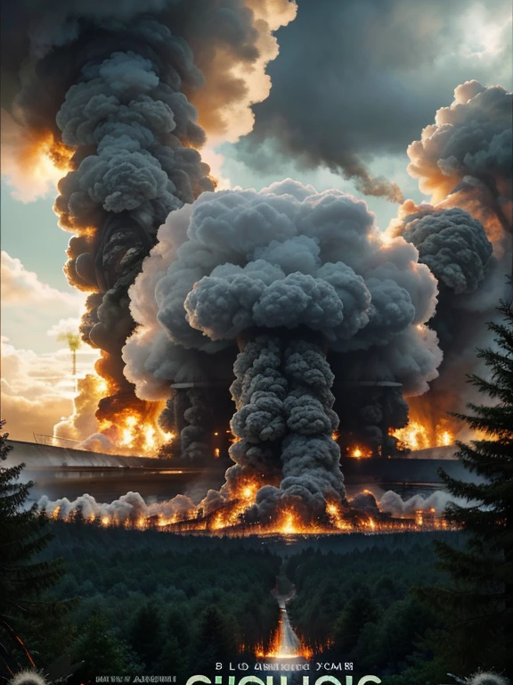epic movie poster, big huge laboratory as the main focus , forest background, clouds in the sky, trending on artstation, highly detailed, fine detail, intricate, (lens flare:0.9), (backlighting:0.9), laboratory, laboratory in the forest in a huge disaster, disaster movie, lots of fire and disaster, laboratory on fire, close to laboratory