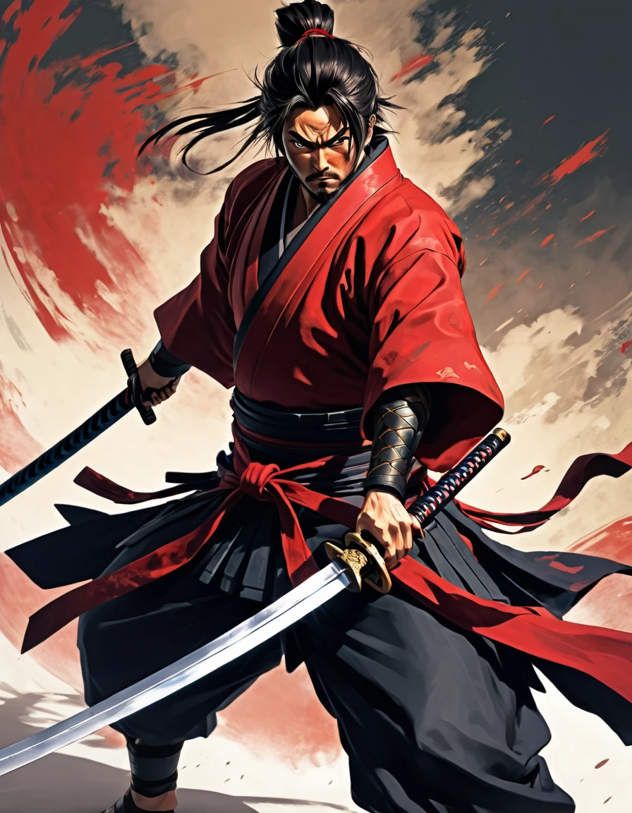 Samurai, holding sword, fight pose, fullbody, Vivid,Expressive,Characters,Portraits,Comics, Gekiga anime style, redcore, painterly.