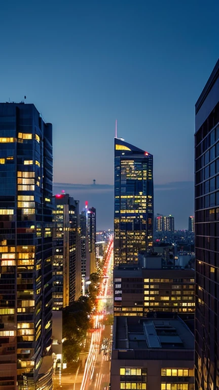 End of the dayを象徴する静かな夜景。 picture: Night City、Starry Sky、A scene where the lights of an office building go out。 atmosphere: End of the day、Anticipation for the next day。