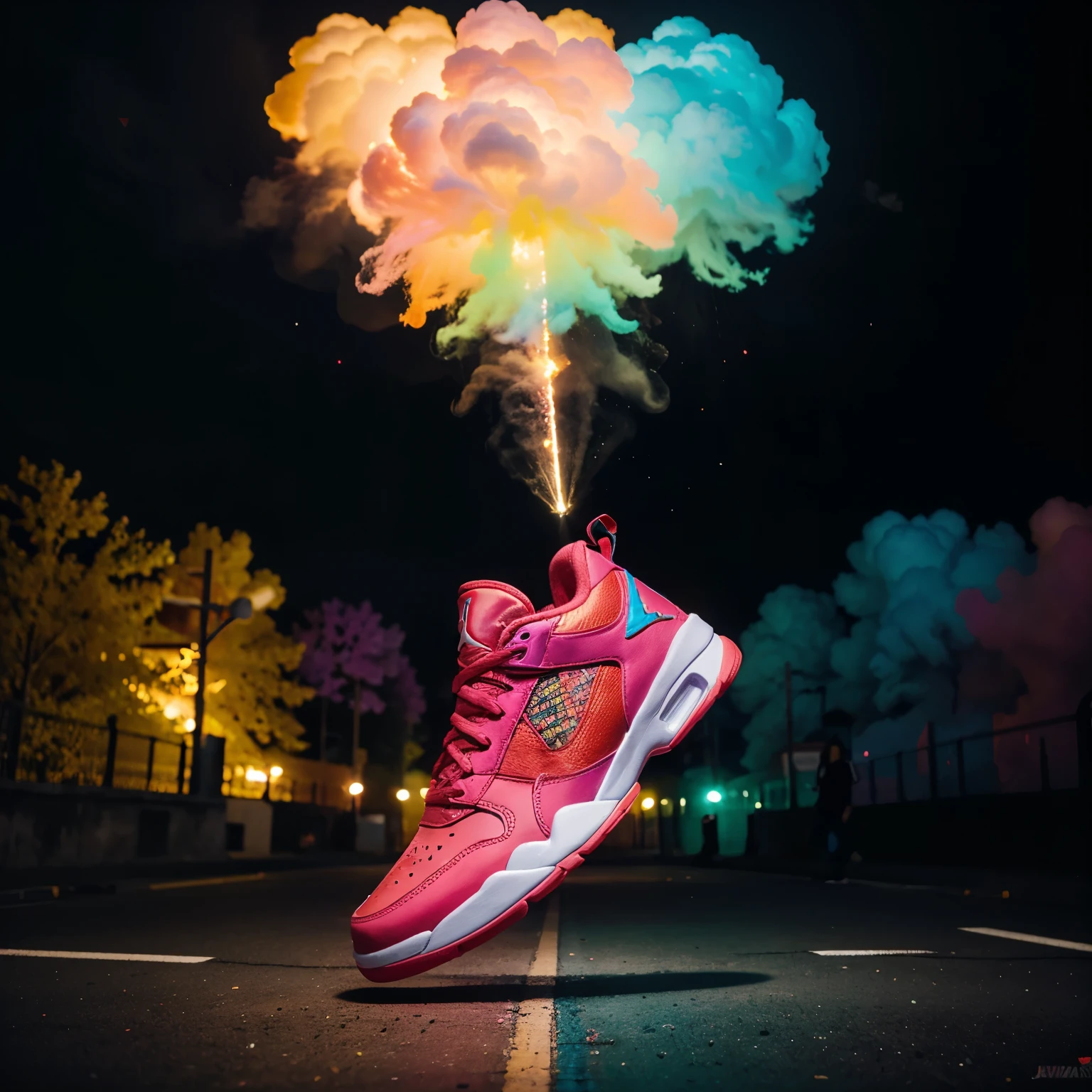 A colorful Jordan sneaker on a neon colored gas cloud and the word DEJAVU