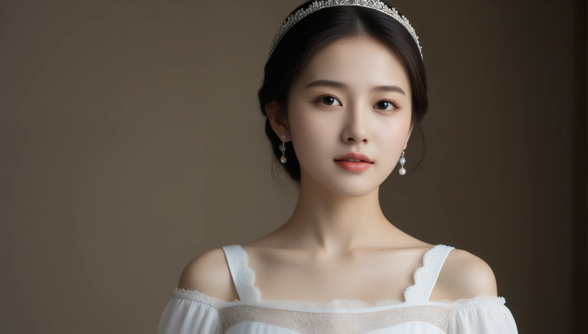 8k, Ultra-high resolution, highest quality, masterpiece, Surreal, photograph, 1 girl, (:1.3), pretty girl, Cute Face, Beautiful eyes in every detail, 細かくdetailedに,masterpiece,A woman in a medieval dress looks at the camera,Sexy pose、See through 、Looking at the audience、beauty,Long neck、Laugh a little、Please close your mouth and laugh、(((Ideal body type))),A-cup small breasts :2,、Portraiture:2、Perfect Anatomy、鮮明なdetailed、detailed、Surreal、Light and shadow,Strong light,Fashion magazine cover,Thin lips
