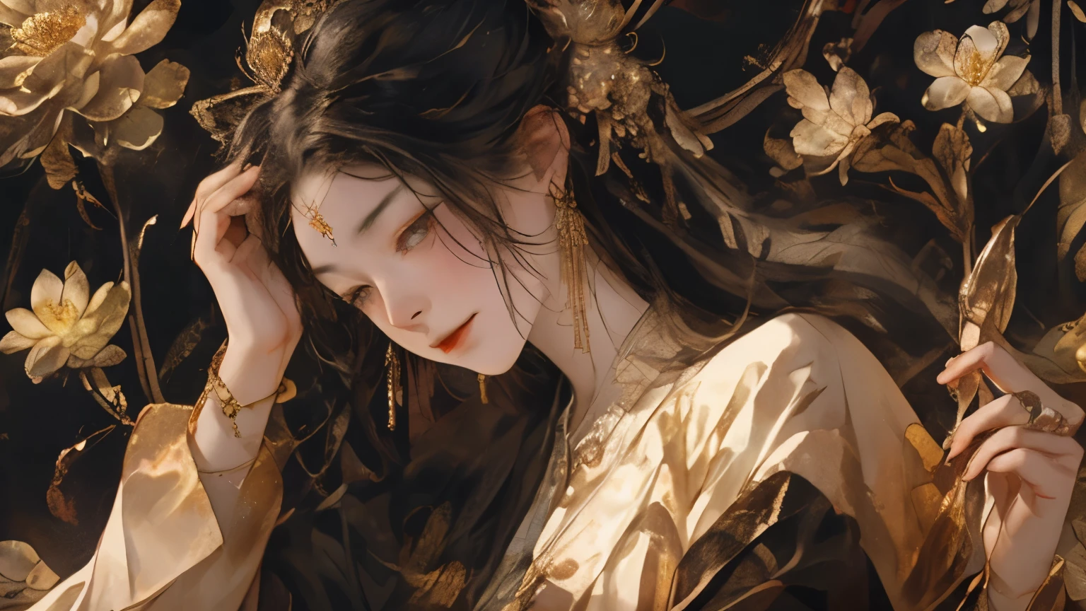 Best quality、tmasterpiece、A high resolution、1 flat-chested girl、Porcelain soft satin dress、Delicate hair accessories、Fine Necklace、detailed jewellery、pretty face、Physically、Flat and thin body,smallunderboob,Tyndall effect、realisticlying、Surrounded by flowers、edge lit、Surrounded by flowers、bicolor lighting、(highdetailskin:1.2)、8K UHD、Digital SLR、softlighting、high high quality、volumettic light、sneak shot、photore、A high resolution、4K、8K、The background is blurred out