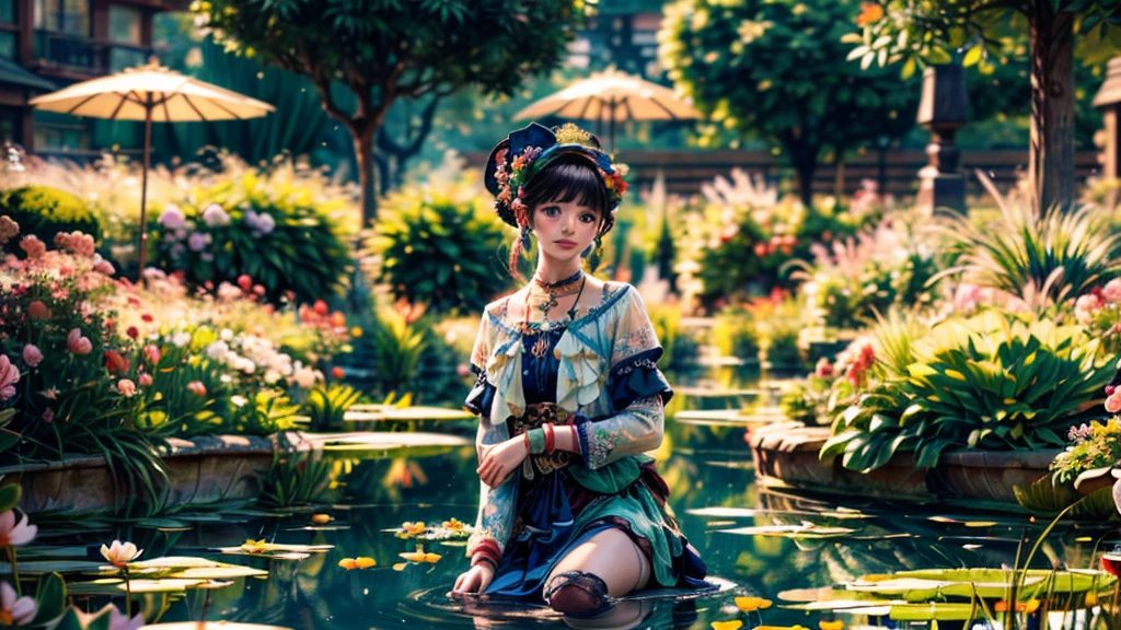 (best quality,4k,8k,highres,masterpiece:1.2),ultra-detailed,(realistic,photorealistic,photo-realistic:1.37),Monet style,beautiful garden,pond,girl