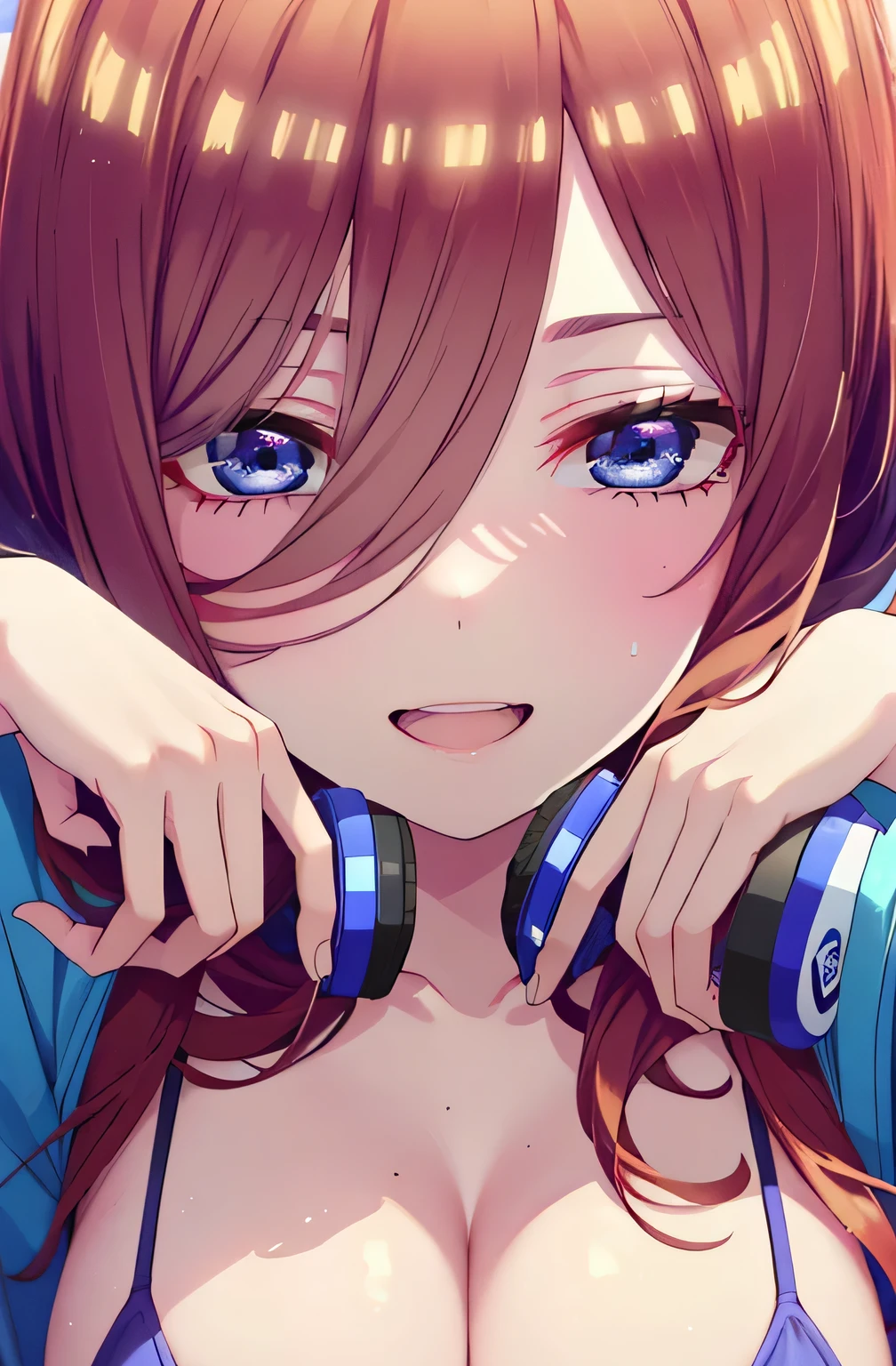 Mikunakano, Miku Nakano, Long Hair, bangs, blue eyes, Brown Hair, shirt, Hair between the eyes, Headphones around the neck,smile、happy smile, smile, Open your mouth,Big Breasts,blue micro bikini,Daytime,sunny,whole bodyがイラストに入るように,Looking down from above,Break outdoors with this delicate body, beach,sunset,
break looking at viewer, whole body,
break (masterpiece:1.2), highest quality, High resolution, unity 8k wallpaper, (shape:0.8), (Beautiful details:1.6), Highly detailed face, Perfect lighting, Highly detailed CG, (Perfect hands, Perfect Anatomy),