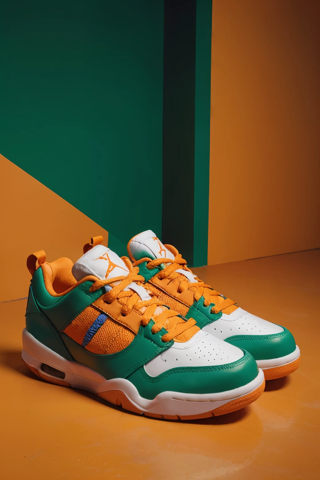 zapatos jordan color naranja, con el simbolo nike de color verde, the braids of the shoe are green and in a three-quarter position