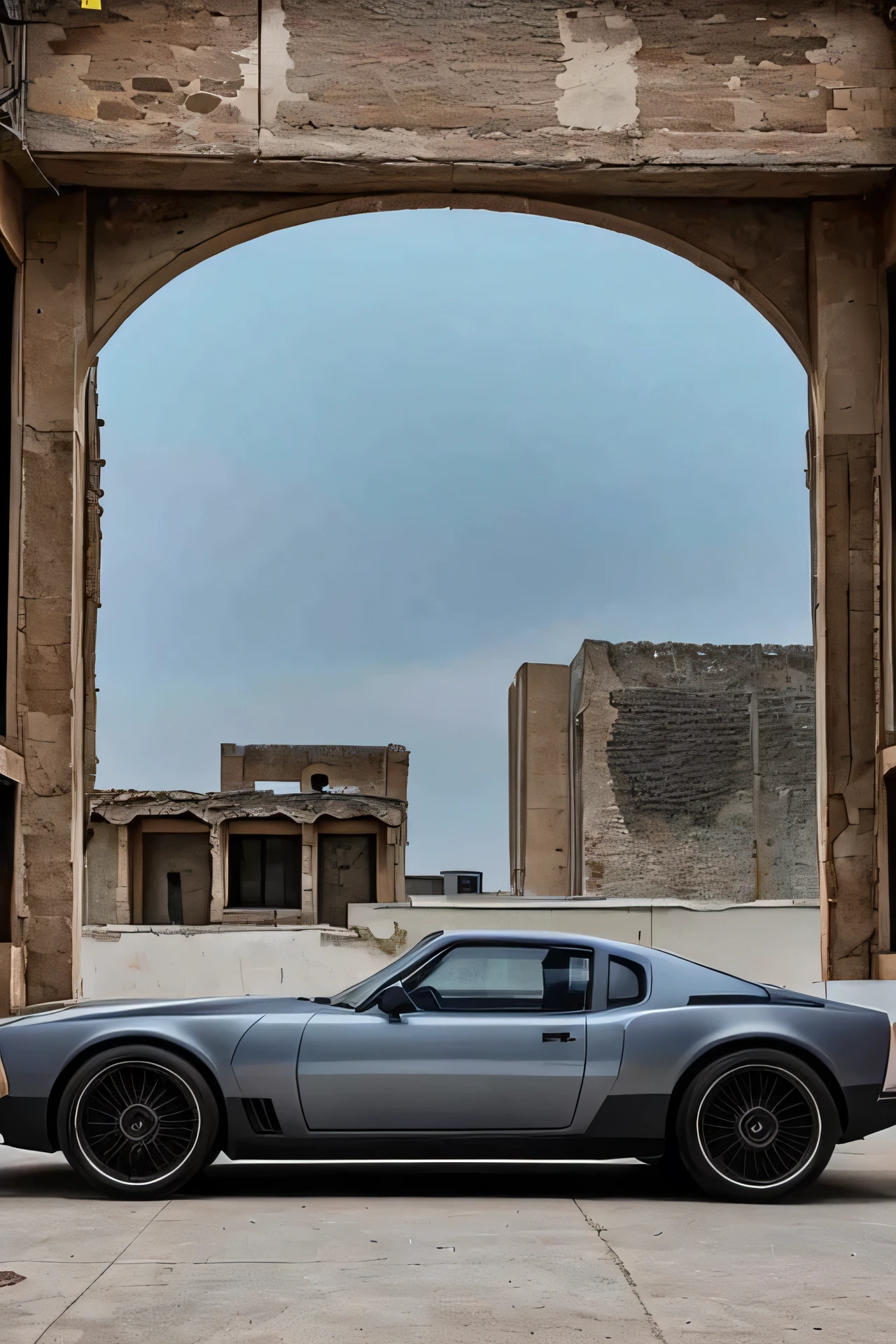 auto, ciberpunk, despues del Apocalipsis, damaged, The glasses are covered with a lattice., rayones en las esquinas, un poco oxidado, fangoso, In the background there are tall ruined buildings with neon signs, Arte deco