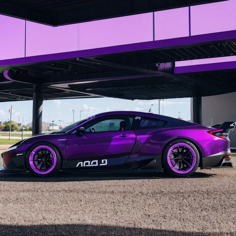 All-black racing car with purple details and purple spoiler 