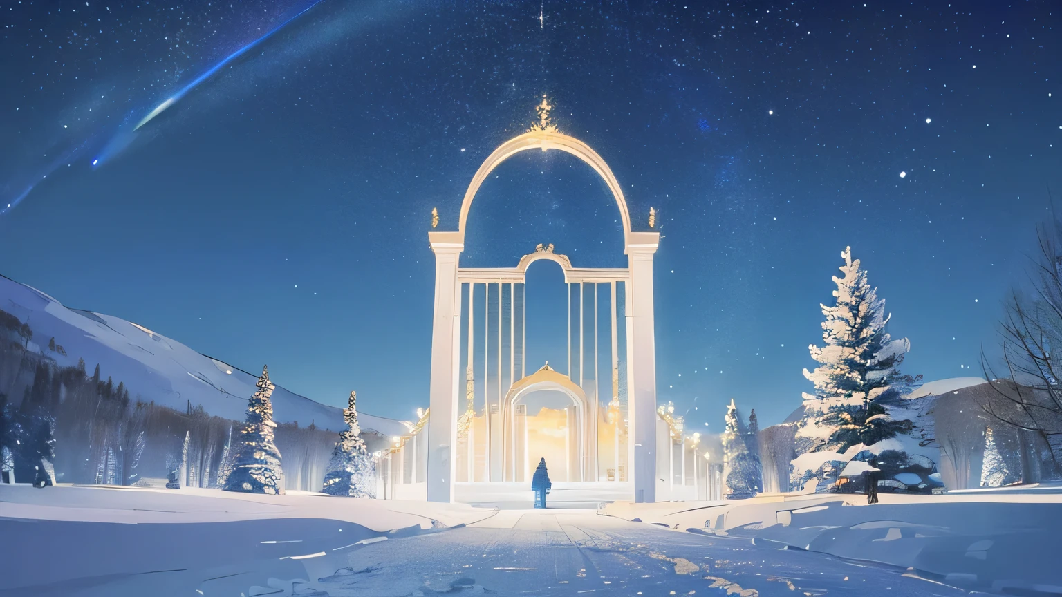 Book cover. A beautiful starry night view. There is an aurora. The place was snowy. White snow covers the trees and the ground. On the far right, there is a huge golden gate that is like a portal to another world. Golden door