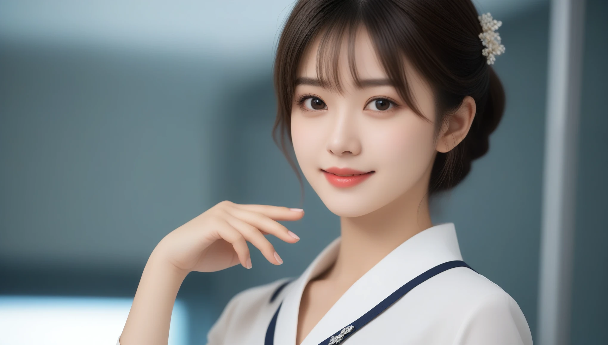 8k, 超High resolution, highest quality, masterpiece, Surreal, photograph, 1 girl, (16 years old:1.3), pretty girl, Cute Face, Beautiful eyes in every detail, 細かくdetailedに,masterpiece,(Tabletop:1.3), High resolution, 超detailedな, 非常にdetailedな CG Unity 8K 壁紙, Realistic, Photorealistic, RAWphotograph, 美しくdetailedな顔, Pale skin, Realistic skin, detailedな布の質感, detailedな髪の質感, Perfect Proportions, Beautiful Face, Accurate, Anatomically correct, 非常にdetailedな顔と肌の質感, Natural neck length, (Beautiful Hands), (Fair skin:1.2), Thin legs, Thin legs, Sexy thighs, break, Fine grain, Symmetrical eyes, Light brown eyes, double eyelid, Thin eyebrows, (Glossy lips:1.4), (Cute smile:1.2), break, (上品でpretty girl:1.3), (Wearing the elegant flight attendant uniform of Japan Airlines:1.2), (Close button:1.1), (Medium large breasts), (Slim figure), (Beautiful curves), (Dark brown hair, Wavy Hair), ((short hair, Asymmetrical bangs:1.2)), (Upper Body Shot:1.2), (View Viewer:1.2), (From the side), break, ((Stand on the jet bridge with a business card in front of your waist:1.1)), (Okinawa Naha Airport:1.2),,Sexy pose、See through 、Looking at the audience、beauty,Long neck、Laugh a little、Please close your mouth and laugh、(((Ideal body type))),A-cup small breasts :2,、Portraiture:2、Perfect Anatomy、鮮明なdetailed、detailed、Surreal、Light and shadow,Strong light,Fashion magazine cover,Thin lips