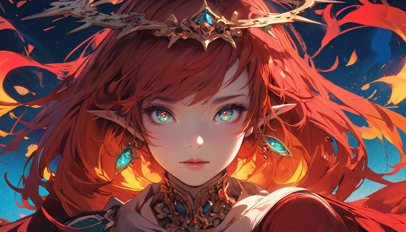 8k_wallpaper, extremely detailed eyes, extremely detailed body, (large masterpiece digital art), (detailed manga illustration), (detailed line art), ((perfect anatomy)), (intricate details:1.3), (ultra-detailed:1.3), (illustration:1.3), (sharp focus:1.3), (natural lighting:1.05), (vivid colors:1.3), high quality, expressive eyes, detailed face, beautiful face, perfect face, 1 girl, In her human-sized form, Rhode bears a striking resemblance to a mortal woman, with the exception of her pointed ears, which she conceals beneath her mane of red hair. Her features are delicate yet regal, with high cheekbones, a straight nose, and full lips. Her eyes retain their hazel color and faint glow, lending her an otherworldly allure. Her hair falls in thick waves around her shoulders, framing her face in a fiery halo., full body
