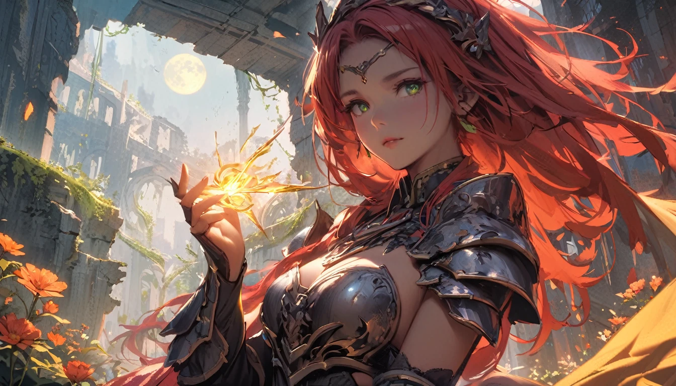 (masterpiece), (best quality:1.4), (perfect anatomy:1.4), high quality, expressive eyes, portrait, detailed face, beautiful face, perfect face, {1 girl}, in her armored knight form, standing amidst the ancient ruins of a faerie stronghold. The ruins are overgrown with twisting vines and moss-covered stones, giving the impression of a forgotten kingdom reclaimed by nature. Rhode stands tall and resolute, clad in her magical armor styled after the Eurasian lynx, with her hazel eyes gleaming with determination. Her fiery red hair cascades in loose waves down her back, contrasting with the muted colors of her surroundings. In one hand, she holds her enchanted Fae blade, its blade shimmering with otherworldly energy. In the other hand, she holds a sprig of wildflowers, symbolizing her connection to the natural world and her role as a protector of the faerie realm. Behind her, the silhouette of a full moon rises in the night sky, casting an ethereal glow over the scene and hinting at the mystical powers that lie dormant within Rhode. As she surveys the ruins with a mix of solemnity and resolve, Rhode's presence exudes strength, grace, and a timeless sense of duty to her people and her homeland., full body,