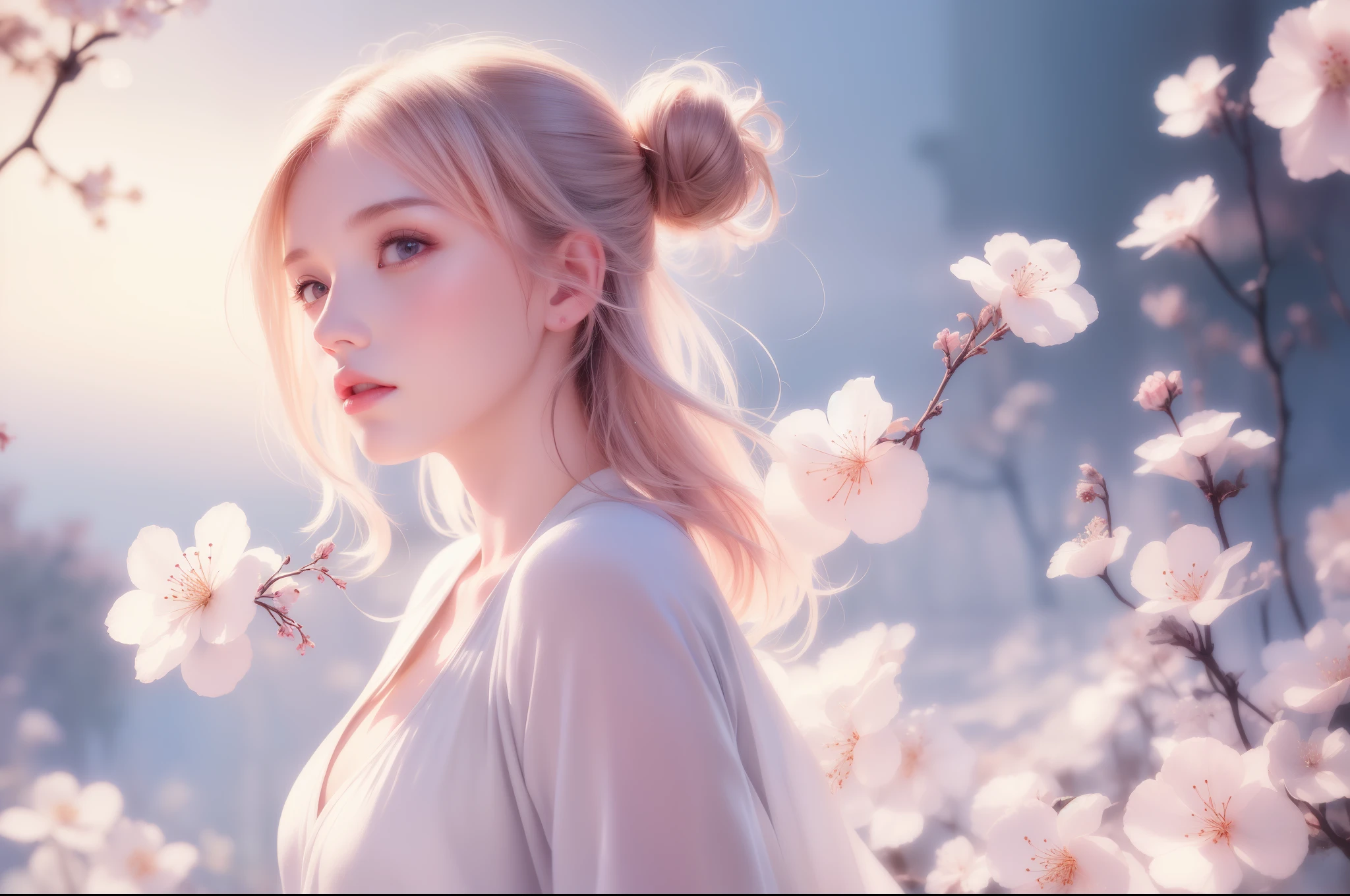 Dreamy watercolor painting, whole body,((1Girl Girl : 1.7)),Realistic,lips,Tabletop,highest quality,Skin Texture,Japanese Kimono,Aqua,(band,pink:1.2),detailed,Long hem,((Gazing into the distance)), pinkのコート,Gray Hair, Straight Long,long long,Dynamic configuration,Cherry blossoms fluttering in the air against a deep background、It was foggy,Bokeh,It was foggy,Dutch Angle,Afterimage, Minimalism,(Anatomically correct number and shape of fingerovie-like scene, Cinema Lighting,Beautiful watercolor portrait,Abstract background, Watercolor portrait, Krentz-Kuchart Style
